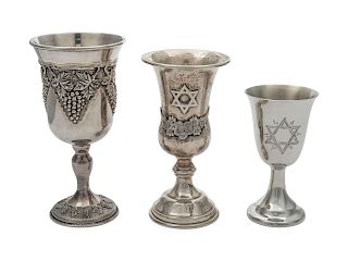 Three Kiddush Cups<br>Height of tallest 6 inches.