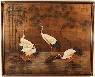 LARGE DECORATIVE FRAMED O/C PAINTING OF CRANES