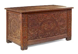A Jacobean Revival Carved Trunk<br>19TH CENTURY<b
