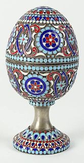 20th Century Russian Champlevé Enamel Silver Pedestal Egg Box