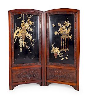A Chinese Lacquered and Hardstone Inset Two-Panel
