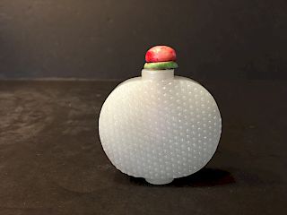 ANTIQUE Chinese White Jade Round Snuff Bottle, Qing. 3" high
