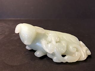 ANTIQUE Chinese Celadon White Jade Sheep with dragon on the back, 4" long