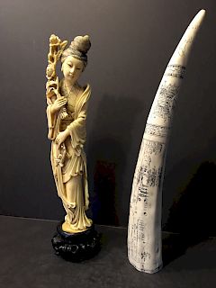 Chinese Guanyin Figure and a decorative SCRIMSHAW