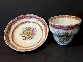 OLD Chinese Ogee tea bowl and saucer with the arms of Pignatelli of Naples, mid 18th century
