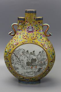 Chinese famille rose three-spout porcelain vase. Daoguang mark.