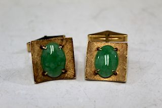 Pair of 14k gold and jadeite cuff links.