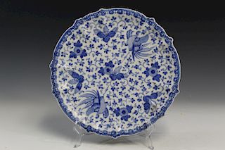 Japanese blue and white porcelain plate, marked. 