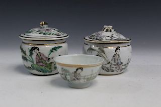 Two Chinese famille rose porcelain jars and one cup.