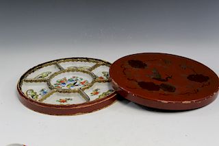 Japanese hand-painted porcelain sectional dishes in lacquer box.
