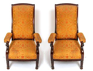 Victorian Carved Wood & Upholstered Arm Chairs, Pr