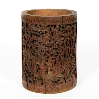 Chinese Deep Relief Carved Wood Brush Pot