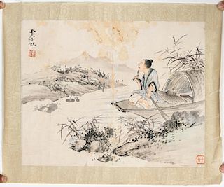 Fei Danxu "Man in Rowboat" Watercolor Table Scroll