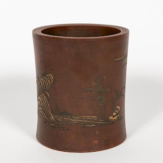 Chinese Ceramic Brush Pot with Landscape Scene
