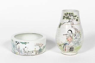 Two Chinese Porcelain Figural Motif Vessels