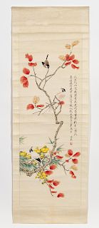 Chinese Hanging Scroll with Bird Motif, Inscribed