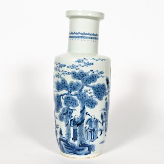 Chinese Blue & White Landscape Motif Rouleau Vase