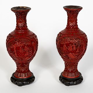 Pair, Chinese Cinnabar Vases with Wooden Bases