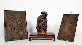 Chinese Wooden Figure on Stand and Two Panels