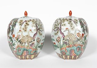 Pair, Chinese Hexagonal Lidded Urns
