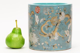 Chinese Porcelain Dragon Motif Brush Pot, Marked