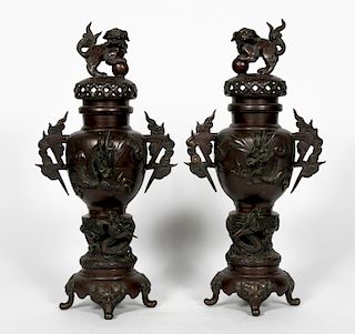 Pair, Japanese Bronze Lidded Guardian Lion Censers