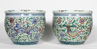 Pair, Chinese Polychrome Ducai Porcelain Planters