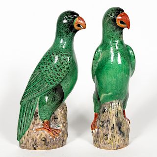 Pair, Chinese Export Green Parrots, H. Moog Label