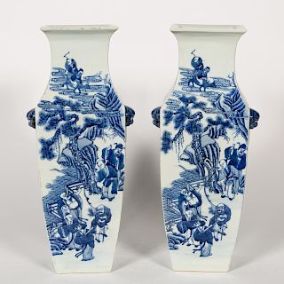Pair, Chinese Blue & White Figural Motif Vases
