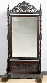Chinese Carved Wooden Floor Cheval Mirror
