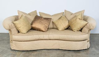 Henredon Rolled Back Tan Sofa with Throw Pillows