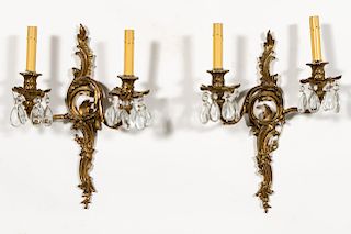 Pair,  Louis XV Style Two Light Brass Wall Sconces