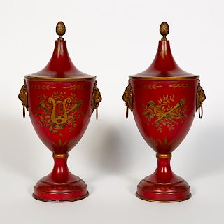 Pair, Red Tole Painted Regency Style Chestnut Urns