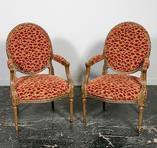 Pair, Louis XVI Style Oval Back Fauteuil Armchairs