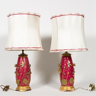 Pair, Aesthetic Movement Lamps with Water Lilies