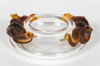 Lalique Crystal and Amber "Serpents" Bowl, Signed