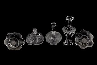 Lalique Crystal 3 Perfume Bottles and 2 Anemones