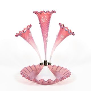 Pink Opalescent Three Arm Glass Epergne