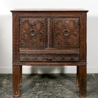 17th C. Two Door Carved Oak Livery Cupboard