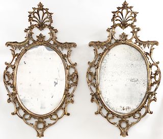 Pair, Oval Italian Giltwood Rococo Style Mirrors
