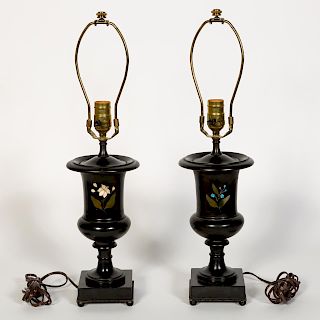 Pair of Black Pietra Dura Urns Mounted as Lamps