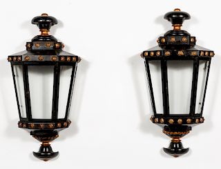 Pair of Painted Tole and Wood Wall Lanterns