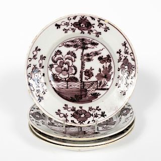 Set, 4 18th C. Delft Manganese Chinoiserie Plates