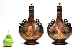 Pair of Decorated Pottery Pilgrim Bottles