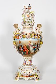 Large Carl Thieme Floral and Cherub Porcelain Urn