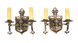 A Pair of Gilt Metal Two-Light Sconces, Height 9 inches.