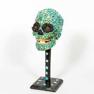 20th C. Faux Turquoise Encrusted Skull on Stand