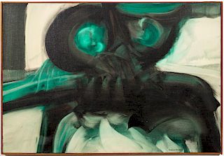 Ricardo Machado, "Buho" Green Abstracted Owl Oil