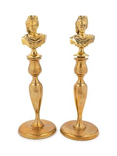 A Pair of Brass Busts on Stands<br>MODERN<br>Heig