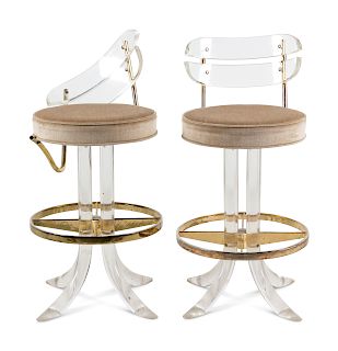 A Pair of Acrylic and Brass Barstools<br>20TH CEN
